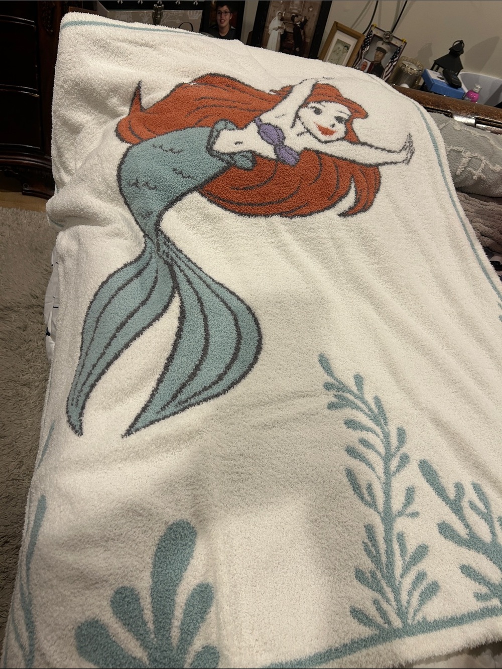 Barefoot Dreams White Throw Blanket with Aqua Tail and Orange Hair Mermaid